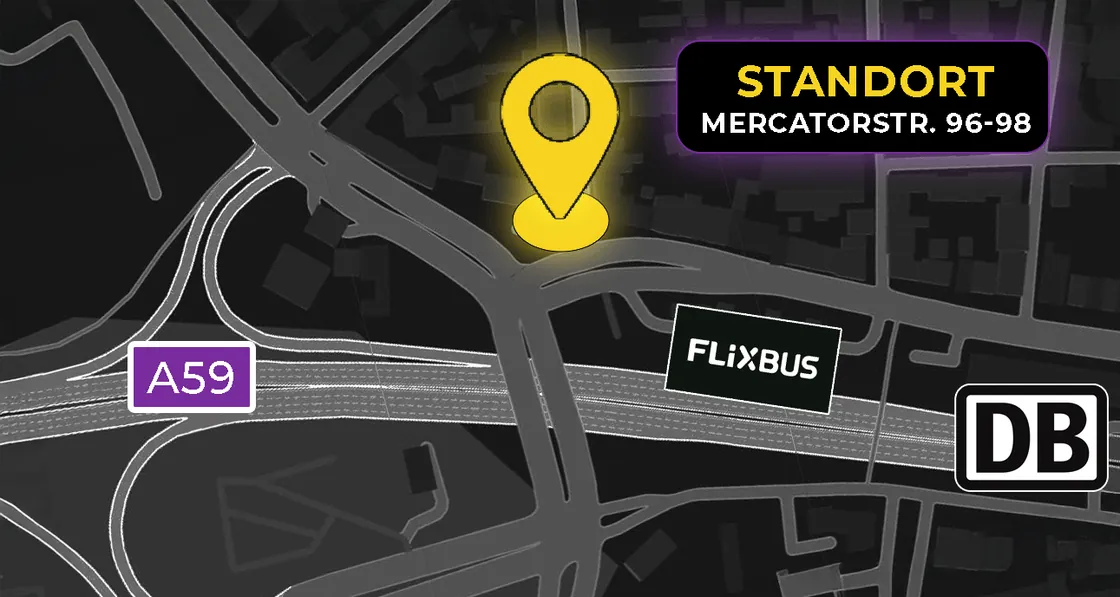 Standortkarte: ZULOU MEDIA Big Screen an der Mercatorstraße 96–98 in Duisburg, direkt am ZOB und Hauptbahnhof